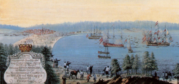 Slik Værlen så ut i 1733. Foreviget da Kong Christian IV hadde ankret opp og var på vei ut av bukta.