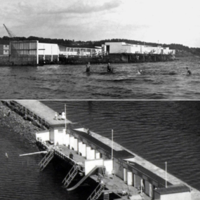 Det kommunale badehuset fra 1919, sett fra sjøen og ovenfra.