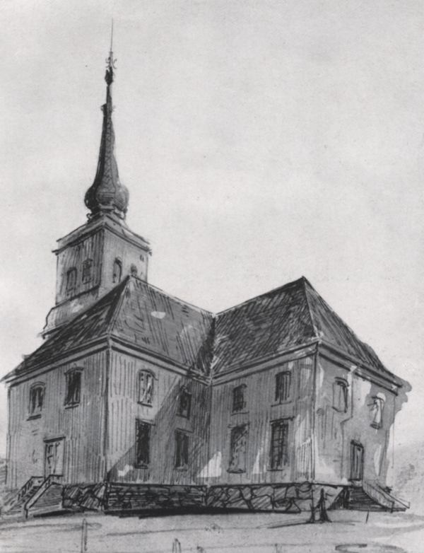 Den gamle trekirken midt i byen før torget og senere bebyggelse.