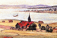 Den første Moss kirke ble bygget i 1607. Her utsnitt fra et oljemaleri som kongelig hoffmaler Jacob Coning gjorde i Moss, trolig 1699. Bildekilde: Moss kommune / Moss Bys Historie, bind 3