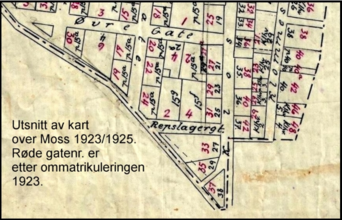Kartet viser den trekantede eiendommen Snippen i krysset Klostergata–Høienhaldgata. Kilde: Moss Historielag.