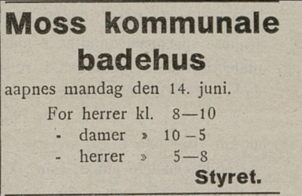 Annonse med egne åpningstider for kvinner og menn.
