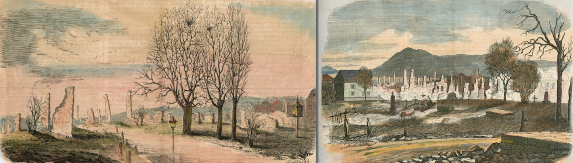 Illustrasjon fra bybrannen i 1858. Kilde: Vogtsamlingen